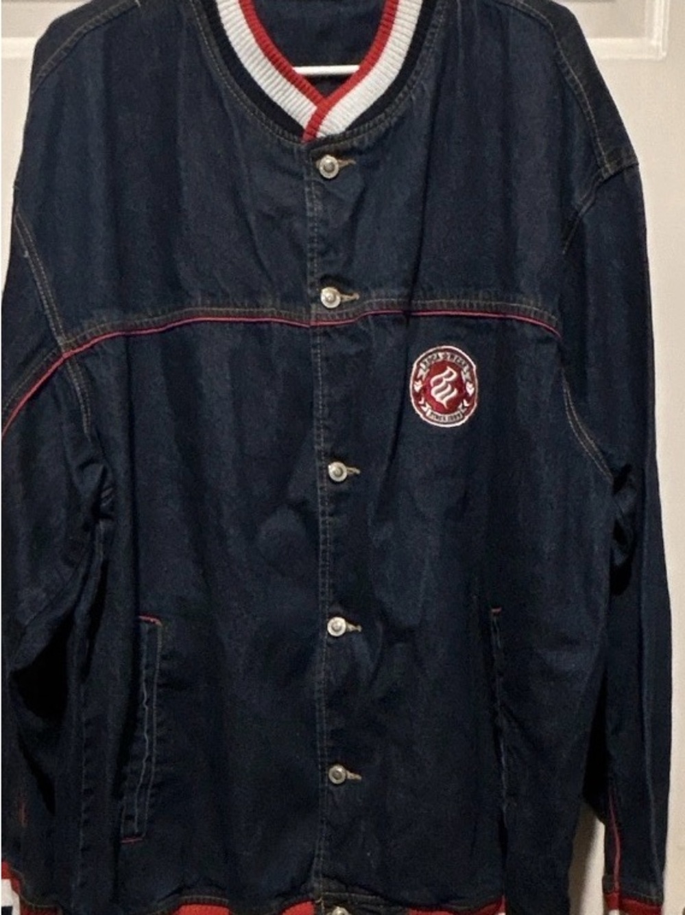 Vintage Rocawear Men's Navy Denim Bomber Jacket with Red White BlueTrim